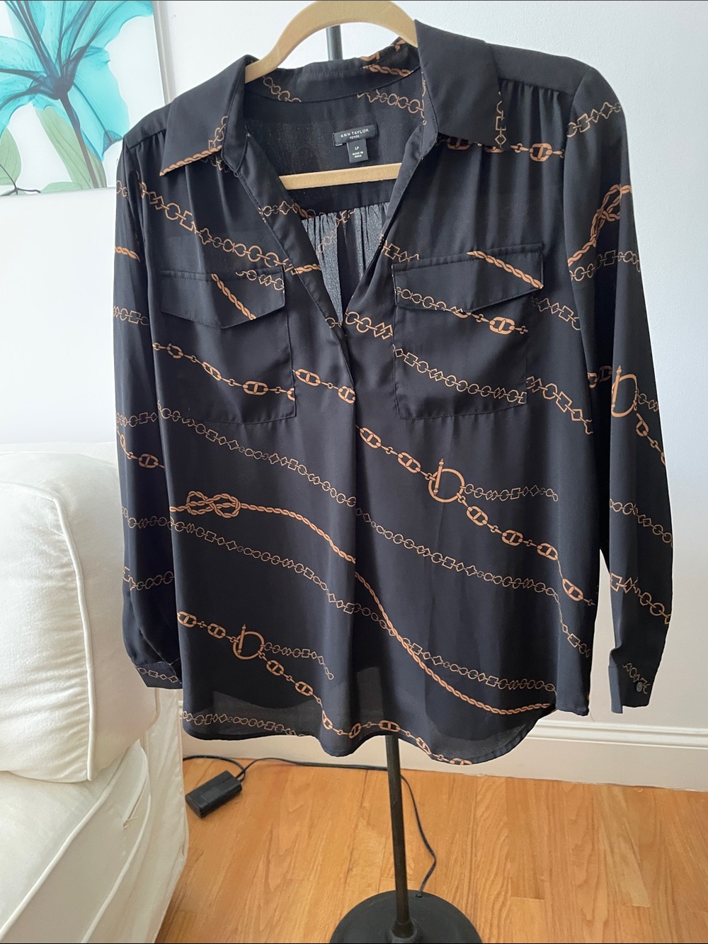 Ann Taylor Black Button-Down Shirt with Brown Chain Print